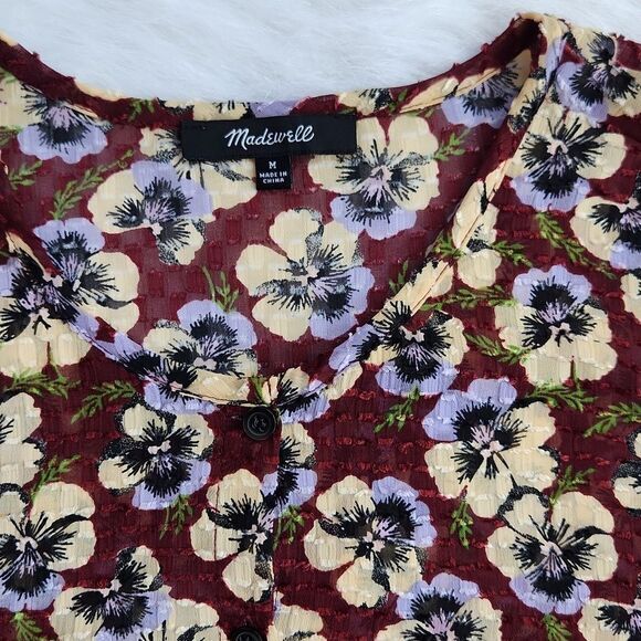 Madewell -565 Drawstring Ruffle-Hem Top Blouse in Viola Floral Burgundy Medium - Picture 5 of 10